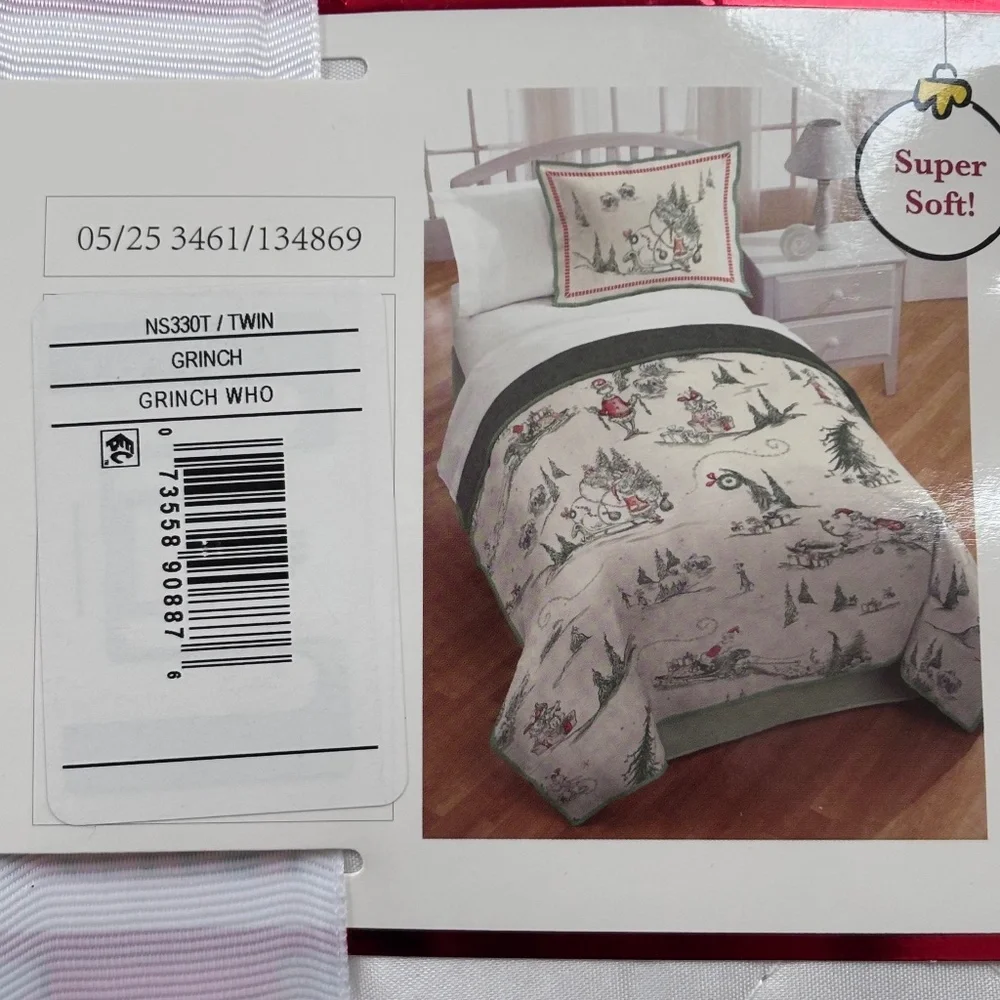 Dr. Seuss The Grinch Kids Twin Bed Quilt & Sham Set Christmas Holiday NWT